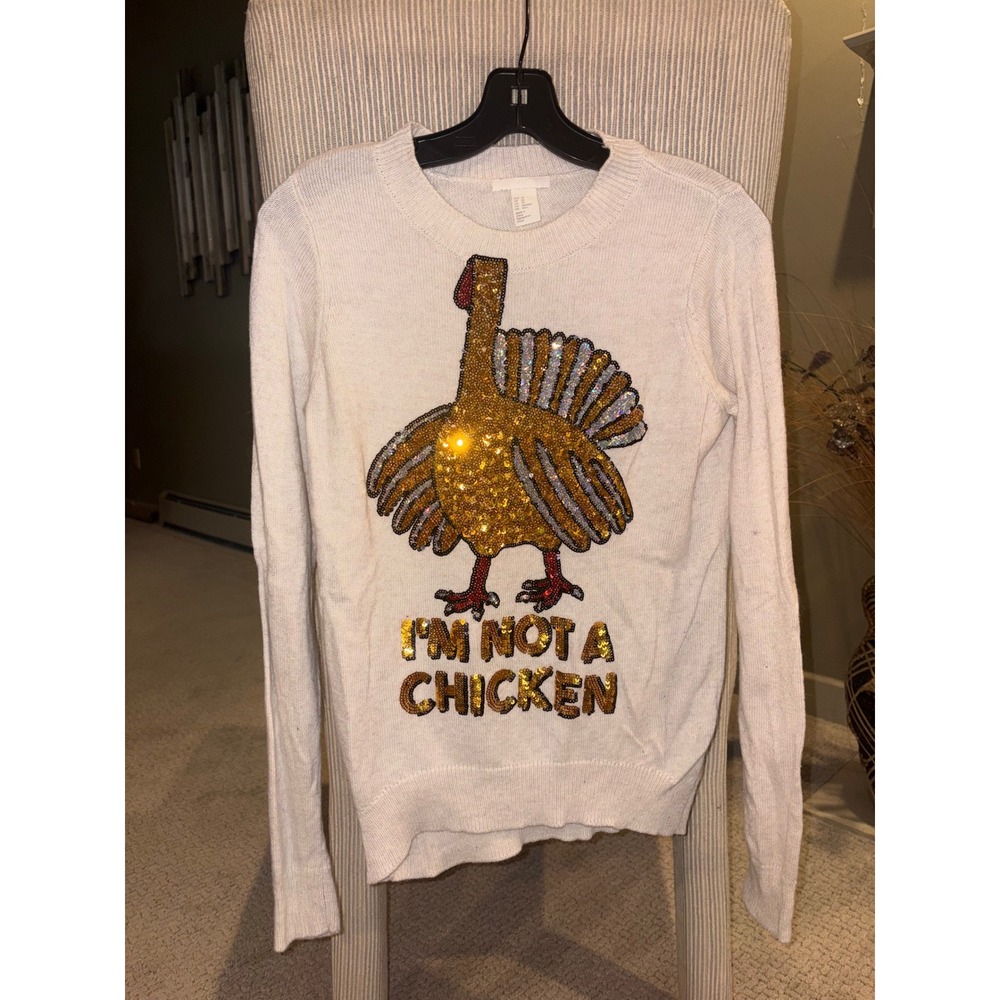 H&M Womens XS Cream Sequin Turkey Thanksgiving Sweater Im Not A Chicken 03906424